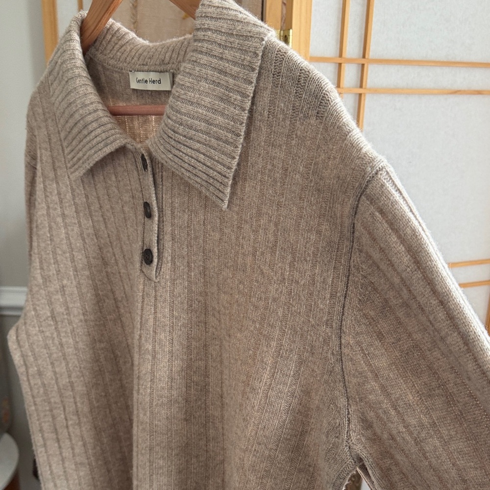 Gentle Herd Ribbed Collared Sweater Taupe Wool Blend Pullover Size L - Picture 4 of 14
